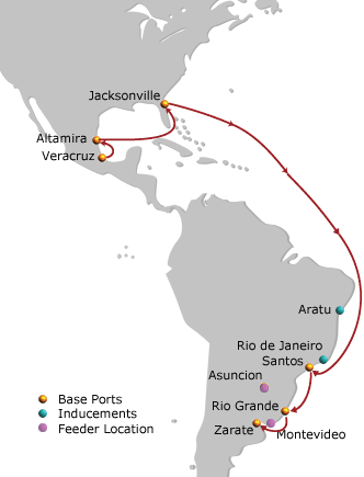 Car Carrier South America US - Southbound Service Route Map